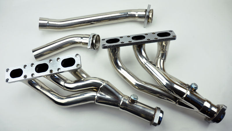 Rear view of BMW E46 E39 Z3 stainless performance exhaust manifold headers – smooth polished finish – Benson Tuning