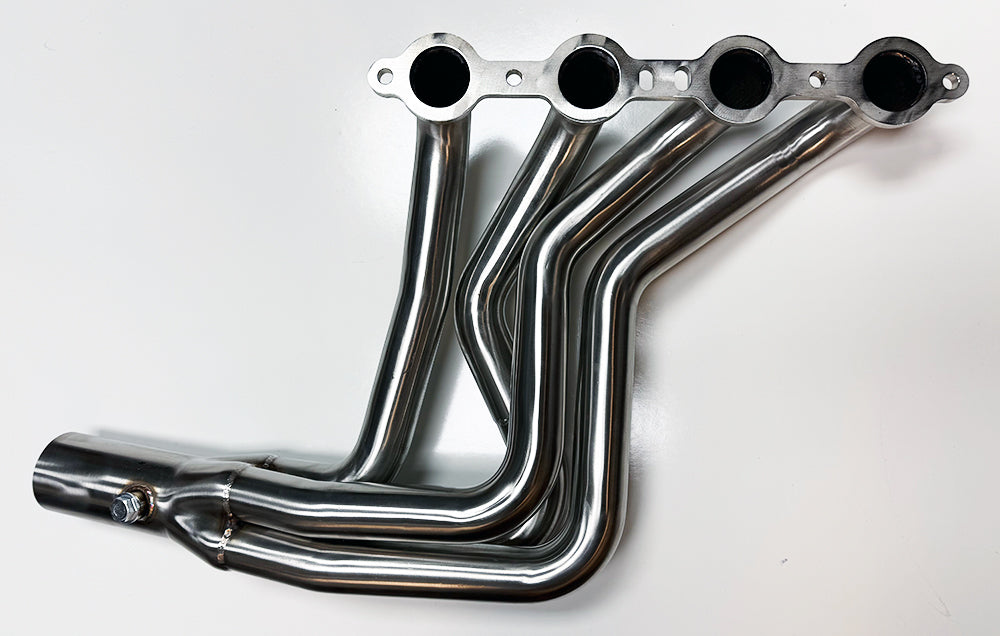 Flip side view of right Benson Tuning LS engine conversion long tube header for Chevy
