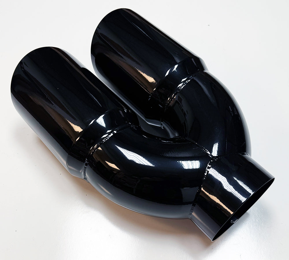 Rear outlet view of 5-inch inlet gloss black dual 6-inch diesel exhaust tip for trucks – Benson Tuning